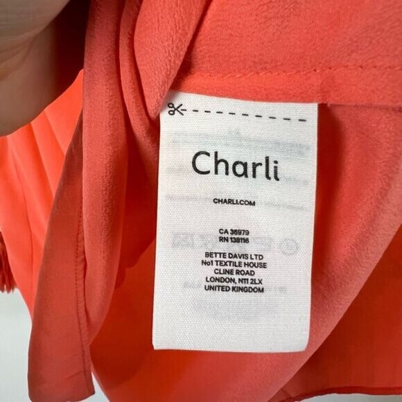 Charli London 100% Silk Sleeveless Top Coral Neon Peach Women’s Size 6 V Neck - Picture 7 of 10